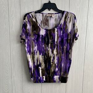 Easy Wear by Chico's Multicolor Purple Print Short Sleeve Top Size 0 (S/4)